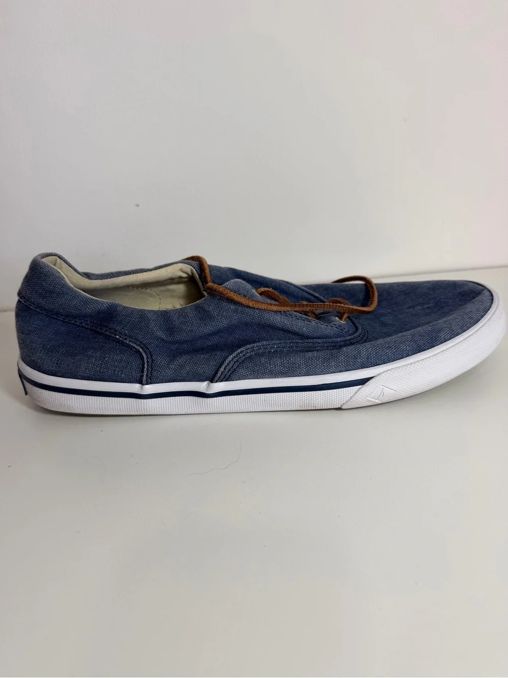 Sperry Denim Blue Canvas Low-Top Sneakers with Brown Laces